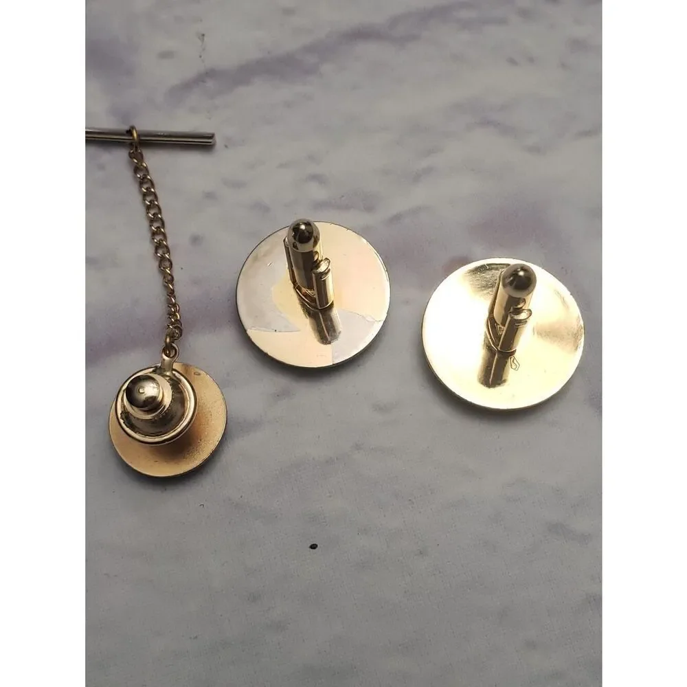 VINTAGE SWANK Cuff Links & Tie Tack Set Goldtone & Tiger's Eye